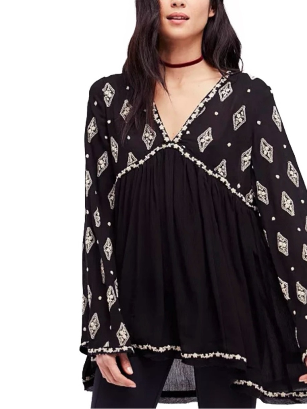 Free People Diamond Embroidered Bell Long Sleeve Tunic Top Black Boho Large